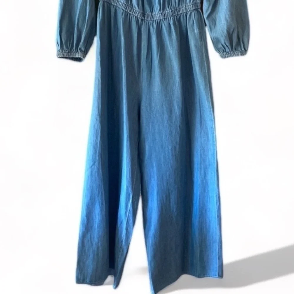 MICHAEL KORS Denim Chambray RUFFLE ON/OFF SHOULDER JUMPSUIT Small …Boho casual